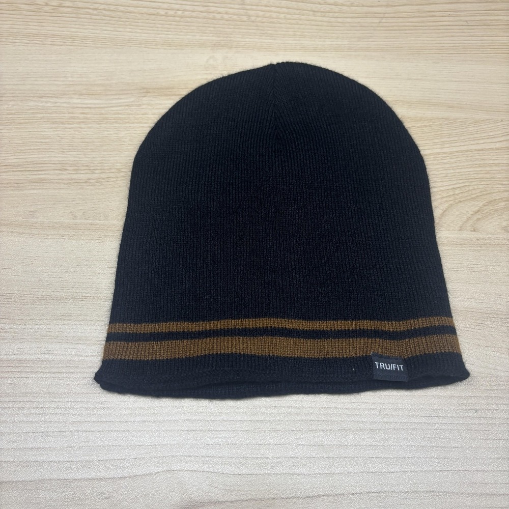TRUFIT Hat Beanie Fitted Mens One Size Black Brown‎ Stripe Knit Acrylic